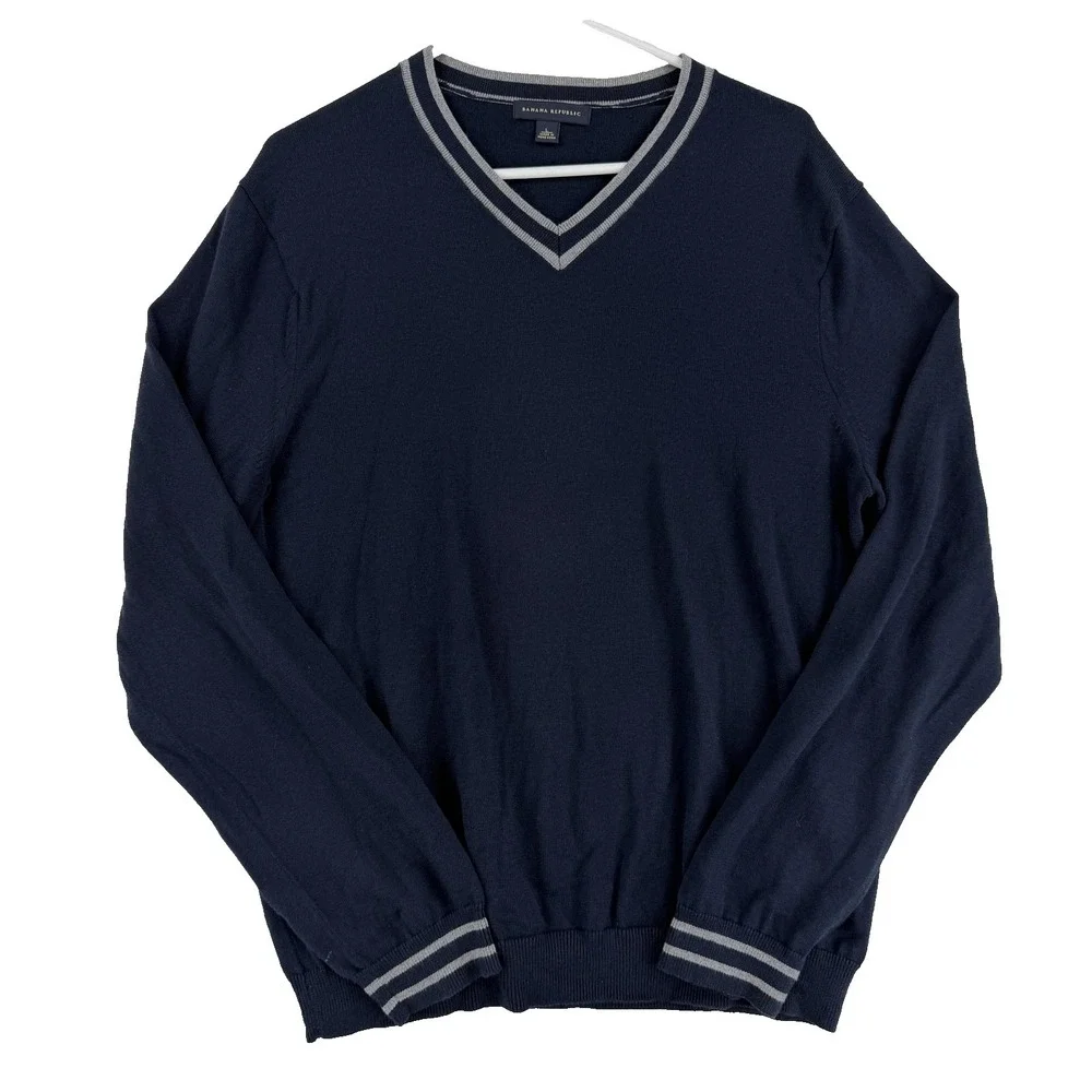 Banana Republic Sweater Mens‎ Large Blue Pima Cotton Wool V Neck Knit Pullover